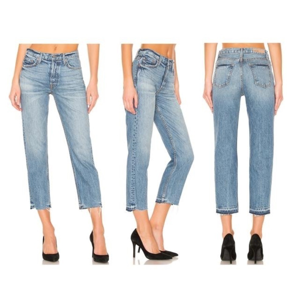 EUC GRLFRND Helena High-Rise Medium Wash Raw Hems Giulia Straight Legs Jeans 29 